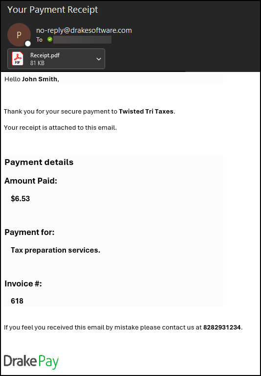 An example payment receipt email